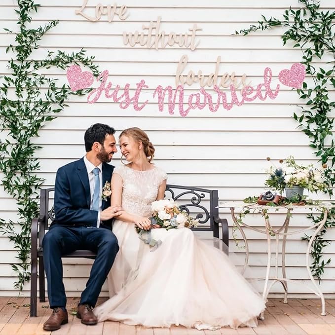 BEISHIDA Pink Just Married Banner - NO DIY, Glitter Wedding Party Banner,Just Married Signs, Bachelorette/Bridal Garland,Engagement Party Decor Supplies, Wedding Reception Party Decorations.