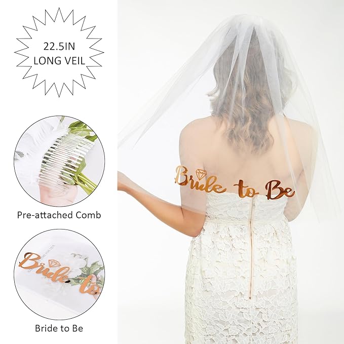CIEHER Rose Gold Crown + Bride To Be Sash + Wedding Veil Set for Bachelorette Party Favors Bridal Shower Decorations Bachelorette Sash Bridal Sash Bachelorette Gift for Bride
