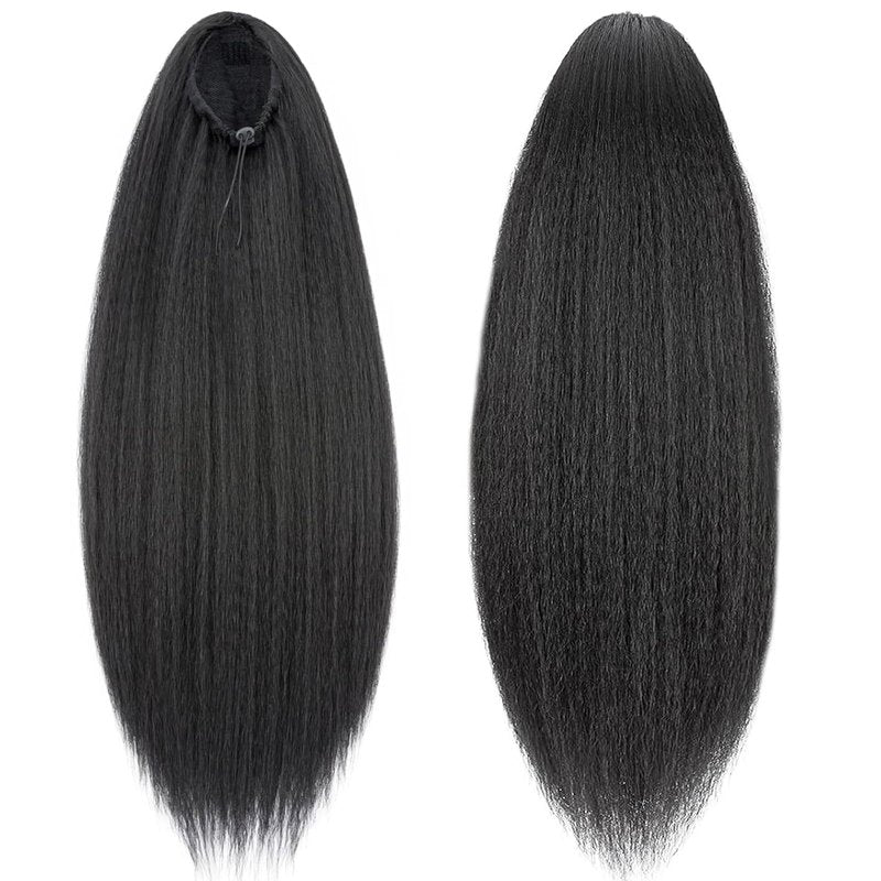 Yaki Straight Ponytail Extension, Wrap Around Ponytail Extension for Black Women, Yaki Human Hair Extension, Natural Black (Drawstring ponytail, 24 inch)