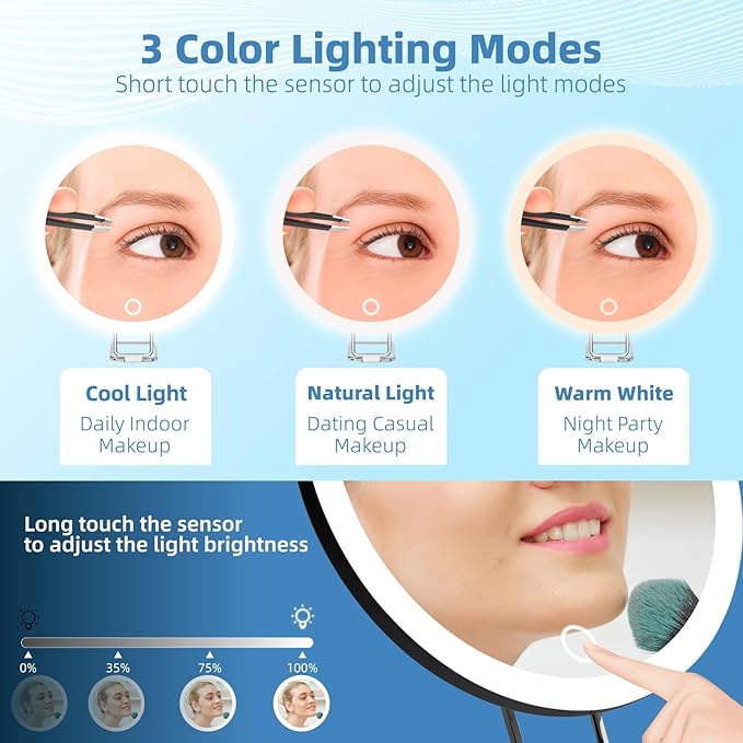30x Magnifying Mirror With Light, Large 6" Rechargeable Lighted With Suction Cups & Table Stand, 3 Color Modes Dimmable Light up Travel Makeup High Magnification