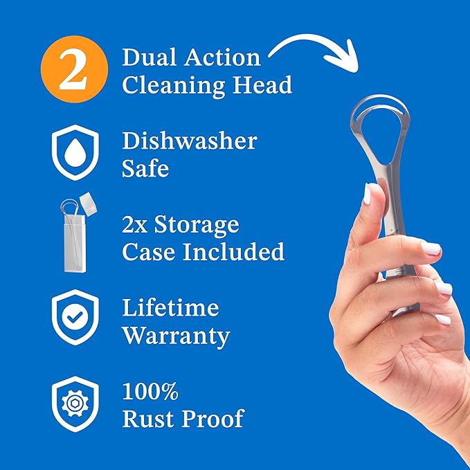 Mouthology Tongue Scraper (2 Pack), Reduce Bad Breath (Travel Cases Included), Stainless Steel Tongue Cleaners, Metal Tongue Scraper, Tongue Scraper for Adults - Fresher Breath in Seconds