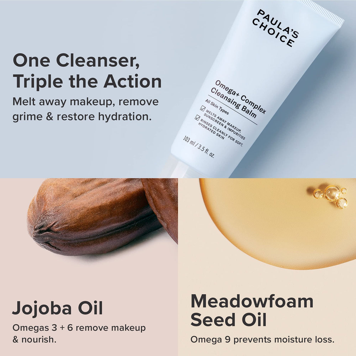 Paula's Choice Omega Complex Face Cleansing Balm, Double Cleanse Face Wash & Gentle Daily Makeup Remover, Suitable for Dry & Sensitive Skin, Mineral Oil-Free, & Fragrance-Free, 3.5 Fl Oz