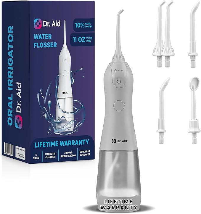 Dr. Aid Dental Water Flosser – Portable Oral Irrigator – 11Oz Tank, Water Filter, 5 Tips, Magnetic Charger – IPX8 Waterproof Cordless Water Flosser, Ideal Water Flossers for Teeth, Gums, Braces, White