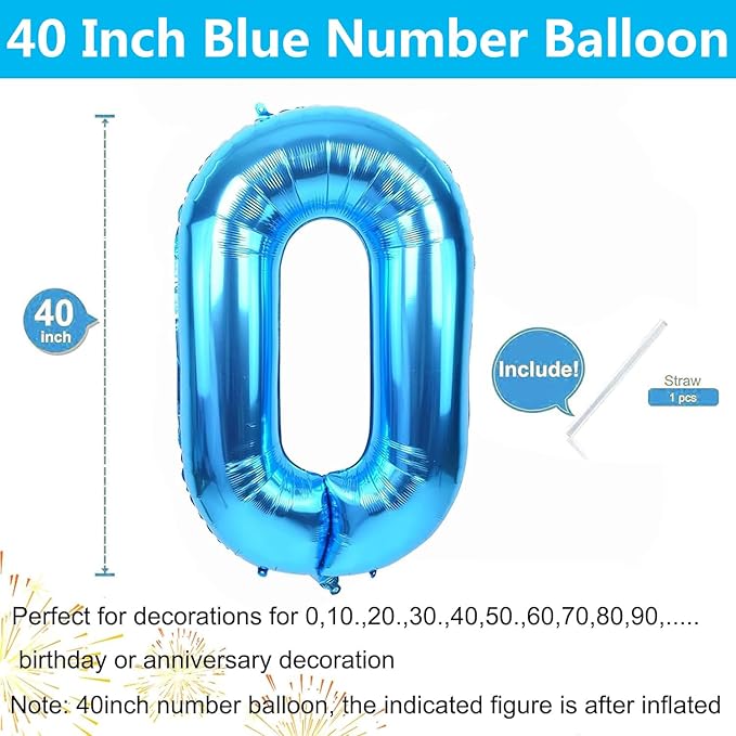 40 inch Blue Number Balloon Giant Foil Helium Balloons Blue Number 0 Balloon for Birthday Party Decorations