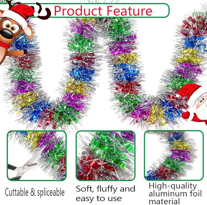 33Ft Long Tinsel Twist Garland Shiny Thick Metallic Foil Xmas Tree Decorations for Birthday Party Christmas New Year Parties Parade Floats and Other Holidays Hanging Decor Supplies-(Colours+Silver)