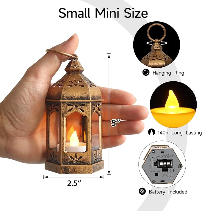LLQ 8Pcs Mini Lantern with LED Tealight, Vintage Brown Lanterns Decorative, Hanging Candle Lanterns for Halloween Christmas Wedding Table Centerpiece Indian Decor, Garden Fairy Party Decorations