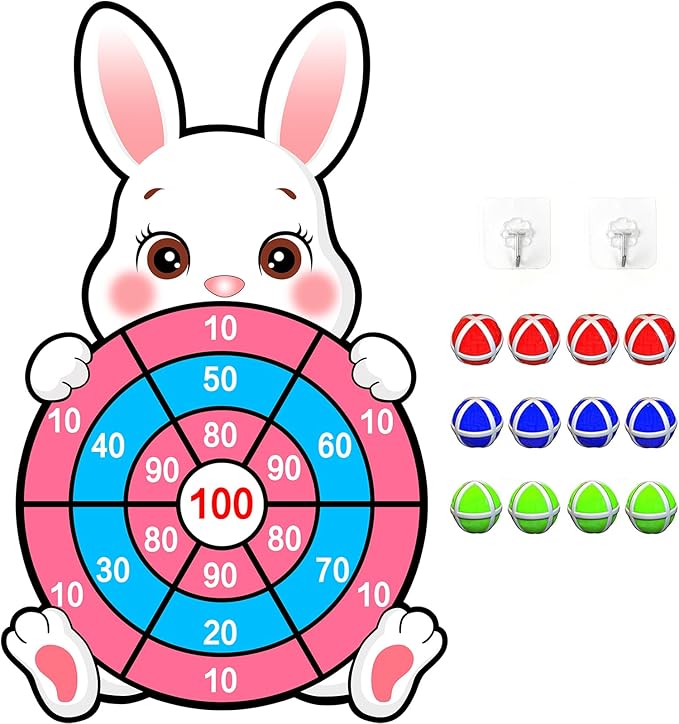 Easter Games for Kids, Large Easter Basket Essentials Dart Board Toy Gifts for Kids Family Teens Boys Girls Toddlers, Happy Party Decorations Centerpieces Party Favor with 12 Stick Balls