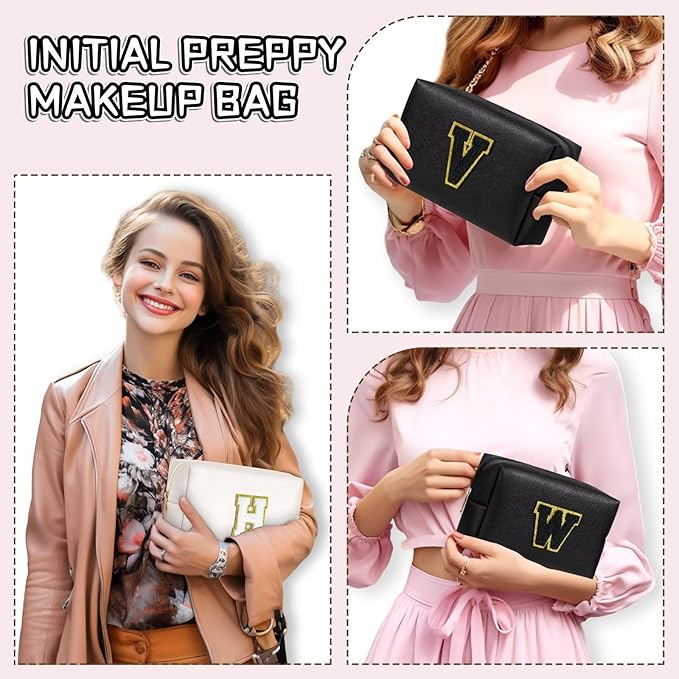 TOPEAST Preppy Patch Makeup Bag, Chenille Letter Pouch Cosmetic Bag, PU Leather Waterproof Toiletry Bag, Personalized Birthday Gift for Women Girl, Cute Stuff for Girls (Black B)