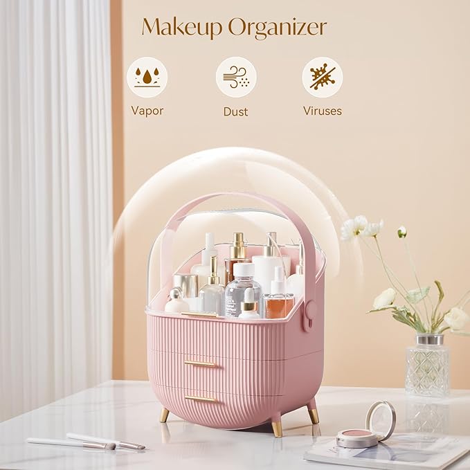Makeup Organizers, Make Up Organizer for Vanity, Countertop Cosmetic Storage with Drawers and Transparent Cover for Bedroom Bathroom, Pink