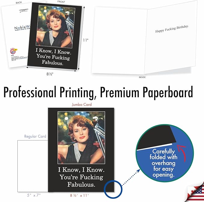 NobleWorks Jumbo Funny Birthday Paper Card 8.5 x 11 Inch with Envelope (1 Pack) Large Jumbo Bday F'ing Fab J0860