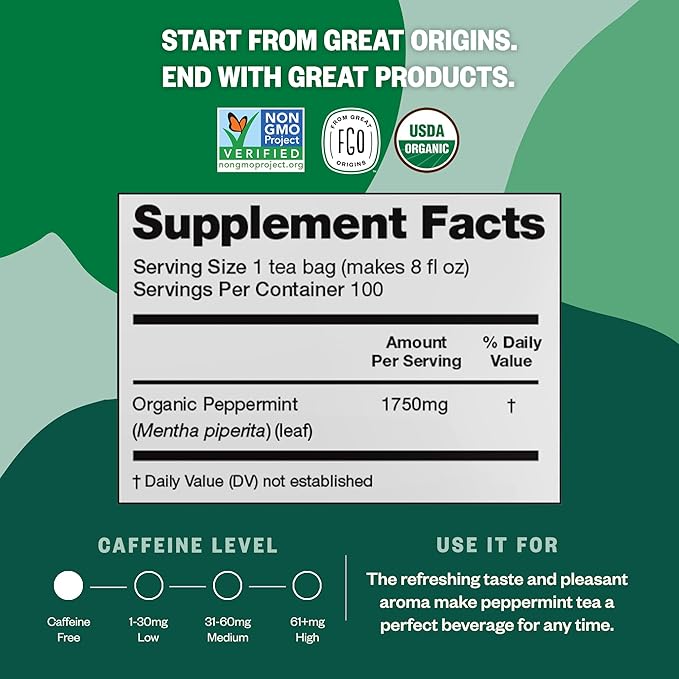FGO Organic Peppermint Tea, 100 Count, Eco-Conscious Tea Bags, Caffeine Free, Packaging May Vary (Pack of 1)