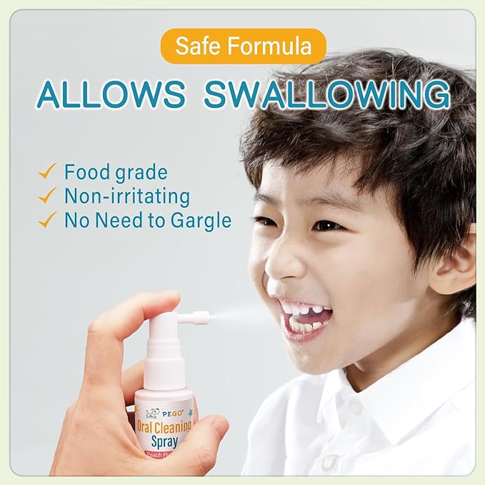 PEGO Kids Oral Spray, Toddler Toothpaste Helper for Cavity Prevention and Fresh Breath, Children Anticavity with Fluoride Free for Newborn to Preschoolers, Kid's Mouth Spray (40ml*2, Peach)