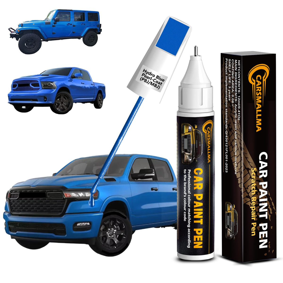 Carsmallma Hydro Blue Pearl-Coat(Pbj/Mbj) Car Touch Up Paint For Ram, Color Accurate Car Paint Scratch Repair Pen Kit Quick & Ea