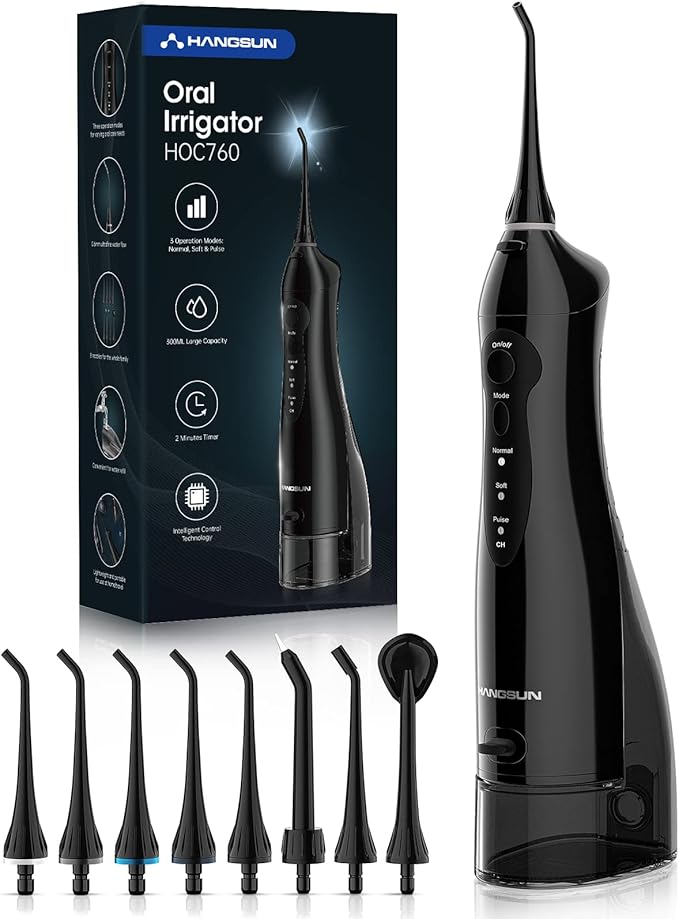 Hangsun Water Flossers for Teeth Cordless Rechargeable Dental Oral Irrigator Water Jet for Teeth Braces Care with 8 Jet Tips for Travel and Home Use (Black)