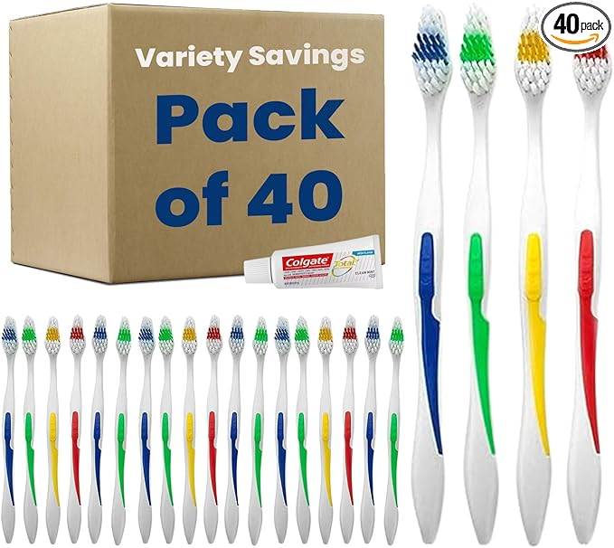 40 Toothbrushes Bulk Wholesale Quantity Standard Size, Dental Care Toiletries, Medium Soft Bristles, Individually Wrapped, Homeless Care, Disposable Use, Hotels, Travel,