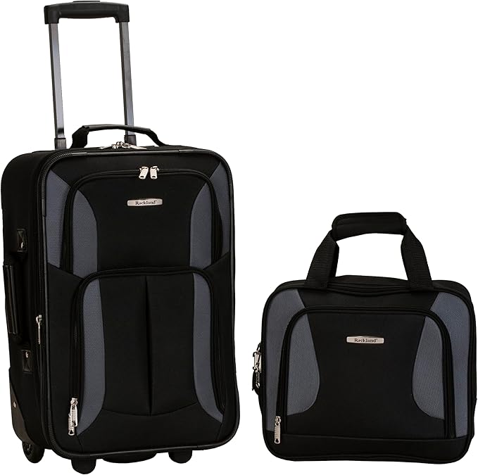 Rockland Fashion Softside 2 Piece Luggage Set, Expandable, (14" Tote/19" Upright), Black Gray