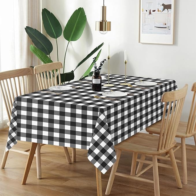 QIKSION Black Gingham Tablecloth Disposable 3 Pack, 54 x 108 Inch Black and White Checkered Table Cloth for Picnic, Outdoor BBQ Decorations, Birthday Party Supplies, Rectangle, Plastic Table Cover
