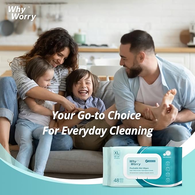 WhyWorry Flushable Wipes for Adults, Extra Large 8"x10" Butt Wipes for Toilet & Personal Cleansing, Chamomile and Vitamin E, 100% Plant-Based, Septic & Sewer Safe, Unscented, 144 Count (3 Packs)