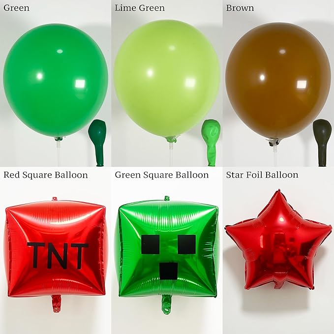 130Pcs Green Balloon Arch Garland Kit with Lime Green Brown Square Star Foil Balloons for Gaming Theme Party Decor, Birthday Party Supplies, Kids' Party Crafts and Decorations