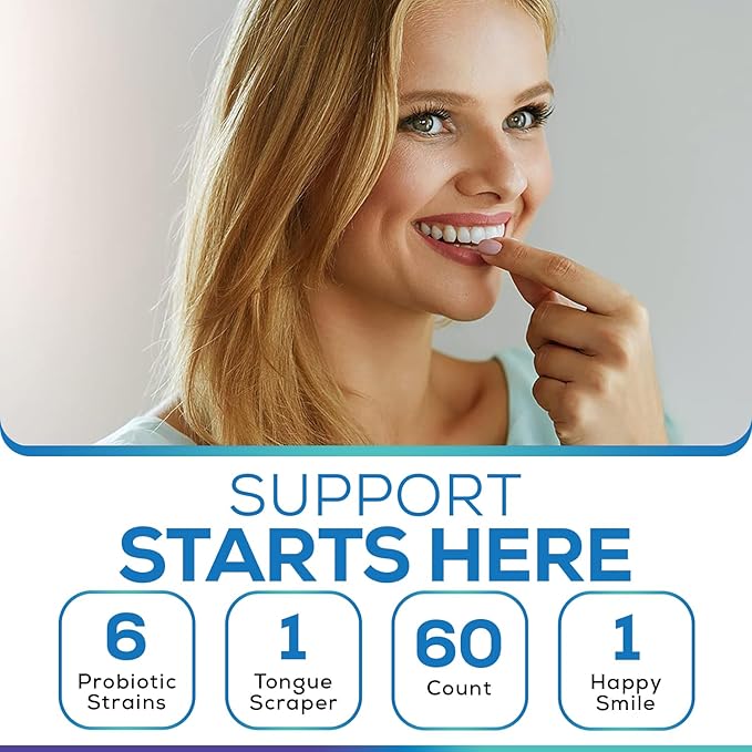 Oral Probiotics & Tongue Scraper for Bad Breath Support - Chewable Dental Probiotic for Teeth & Gums & Fresh Breath - 6 Probiotic Strains - BLIS M18 - Supportive Oral Probiotic - Mint Flavored - 60ct