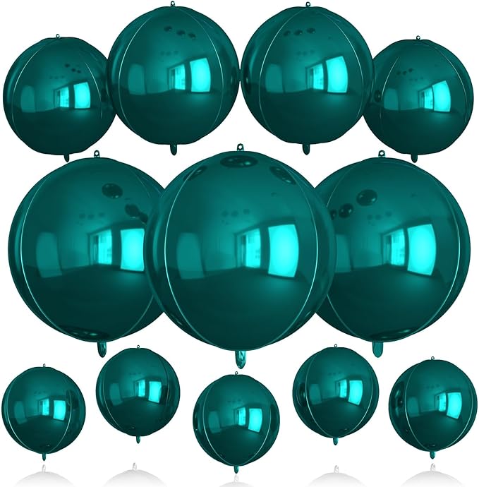 12Pcs Dark Green Round Balloons Foil, 22" 18" 15" 10" 4D Sphere Shaped Balloon Different Size, Large Metallic Green Balloons for Wedding Prom Jungle Baby Shower Birthday Party Decorations Backdrop