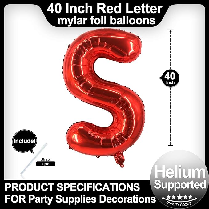 40 Inch Red Letter S Balloons, DIY Phrase Foil Alphabet Letter S Balloons DIY Word S Banner for Birthday Anniversary Celebration Graduation Party Supplies Decoration