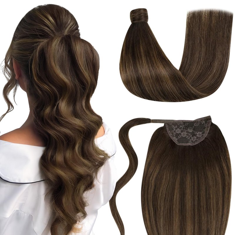 LaaVoo Ponytail Extension Human Hair Brown Ombre Ponytail Extensions for Women Balayage Darkest Brown to Light Brown Pony Tails Hair Extensions Real Humen Hair Short Straight 12 Inch 75g