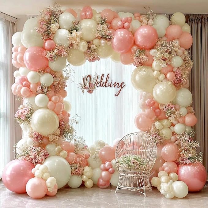 Pastel Pink White Balloon Arch Double Stuffed Light Pearl Blush Pink Cream Beige Peach Balloon Garland Kit for Birthday Wedding Baby in Bloom Baby Shower Bridal Princess Valentine's Day Party Decor