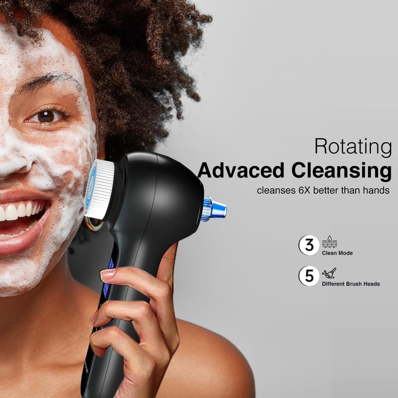 UMICKOO Face Scrubber Exfoliator,Facial Cleansing Brush Waterproof with LCD Screen,Blackhead Remover Vacuum with 5 Brush Heads,Face Spin Brush for Exfoliating (White-Blue)