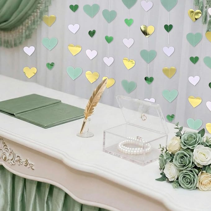 10 Pack 130ft Sage-Green Mint Beige-Gold Heart Party Garland Asymmetrical Love Hanging Banners for Wedding Birthday Bachelorette Bridal Shower Engagement Decoration