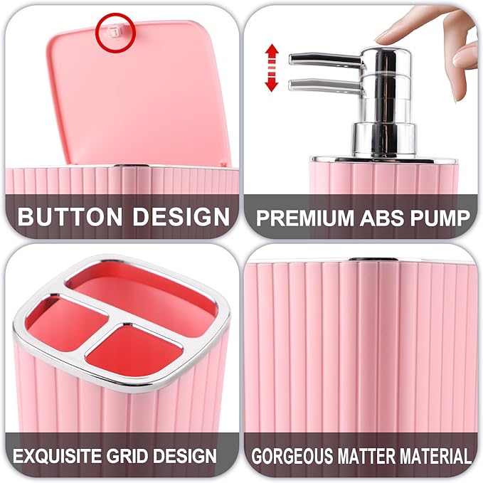 Bathroom Set with Shower Curtain and Rugs- 25PC Pink Bathroom Accessories, Shower Curtain Set, Toilet Brush, Trash Can, Qtip Holder Dispenser & Soap Dispenser