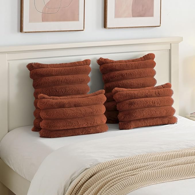 FUTEI Rust Decorative Throw Pillow Covers 22x22 Inch Set of 2, Square Soft Faux Rabbit Fur Big Striped Cushion Cover,Home Decor for Couch Sofa Bed Living Room