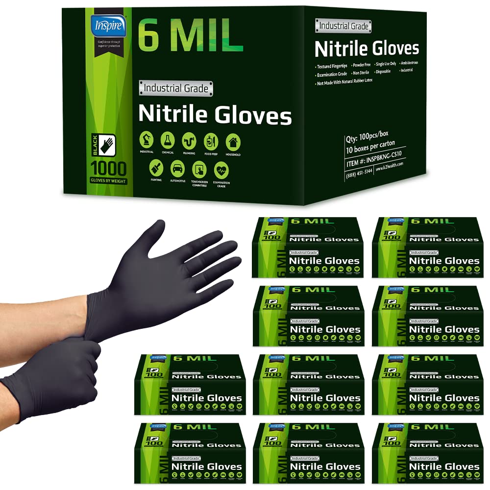 Inspire HEAVY DUTY 6Mil ORIGINAL Quality Stretch Nitrile Gloves Black Disposable Latex Free | Food, Industrial, Mechanic Tattoo (6Mil Black, Small)