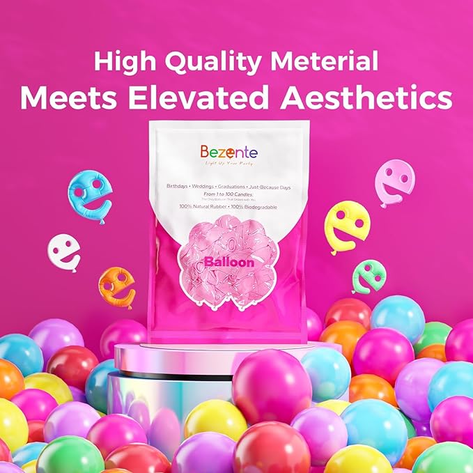 Bezente Assorted Rainbow Latex Balloons, 200 Pack 12 inch Round Helium Bright Color Balloons for Birthday Bridal Shower Wedding Party Decorations