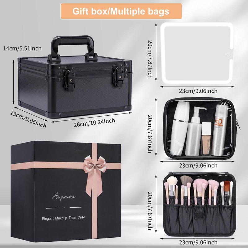 Makeup Box with Led Mirror,Travel Train Hard Case with Rechargeable Lighted Mirror Adjustable Dividers,Cosmetic Organizer Storage Bag for Makeup Artists,Appropriate Gift for Women and Girls,Black