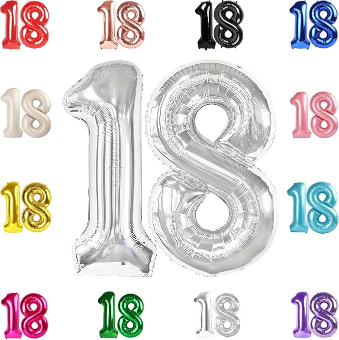 18 Balloon Number, Silver Number 18th Birthday Balloons 40 Inch, 18 Years Old Silver Birthday Decorations for Boys Girls, 18th Anniversary Decorations