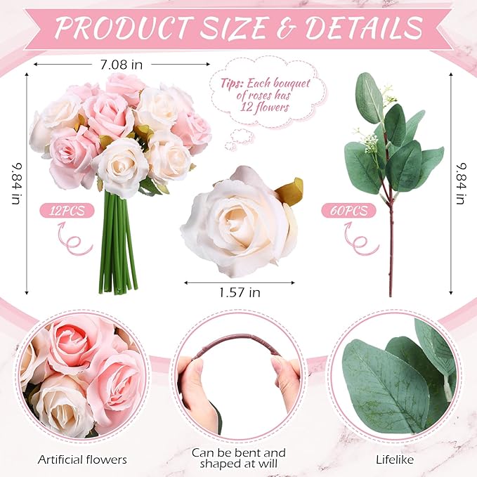 Zeyune 12 Bunches Wedding Bridesmaids Bouquets 144 Heads 7 Inch Artificial Rose Bouquets Silk Fake Flower Bulk with Stems for Valentine's Day Wedding Bridal Shower Home Party Decor(Champagne)