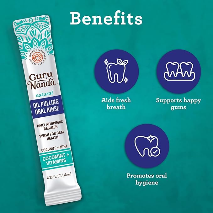 GuruNanda Travel Sachets Coconut Oil Pulling, Fresh Breath Mouthwash, 7 Essential Oils & Vitamins for Happy Teeth & Gums, 7 Sachets