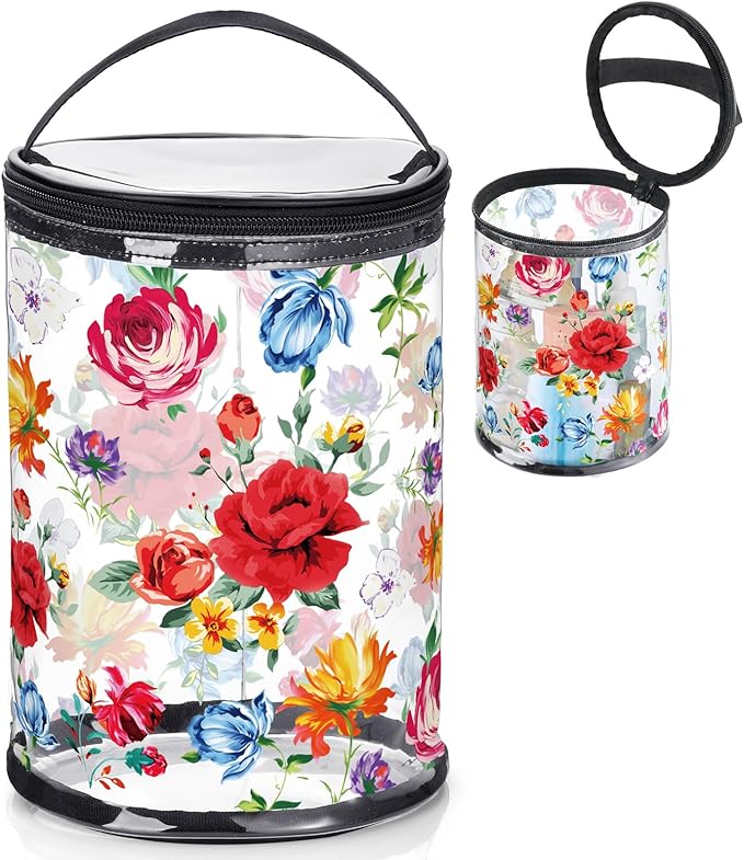 Sanwuta Beach Gifts Heavy Duty Clear Lotion Toiletry Bags for Travel Sunscreen Makeup Cosmetic Pouch Cylinder Bag Waterproof Portable Trip Bag with Handle Zipper(Flowers)
