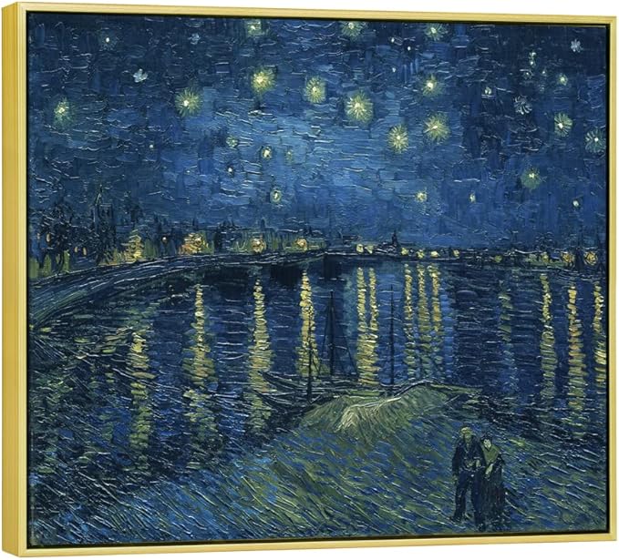 Wieco Art Framed Art Canvas Prints of Starry Night Over The Rhone Canvas Prints Wall Art by Van Gogh Paintings Reproduction Abstract Artwork for Living Room Wall Decor Golden Frame