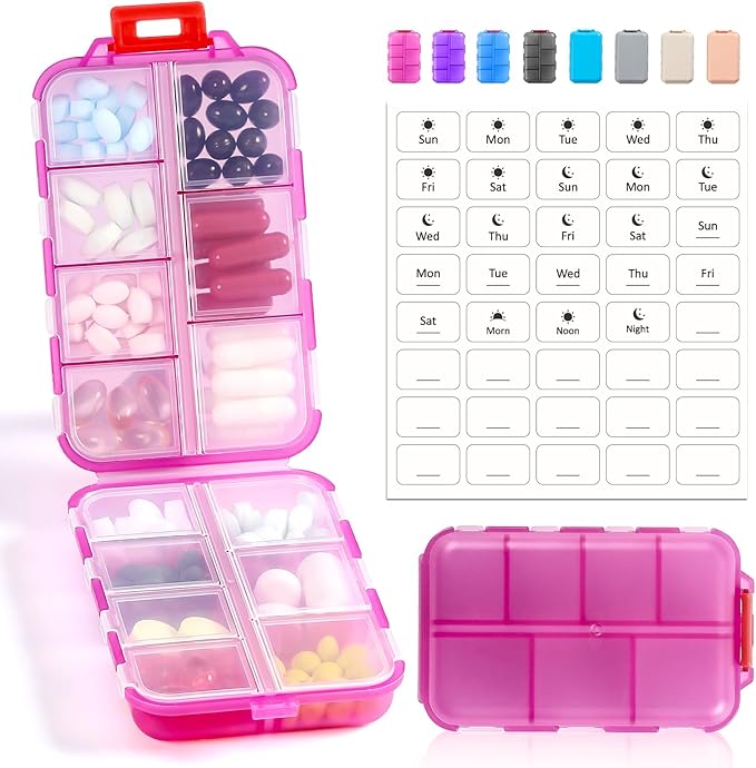 14 GRIDS Travel Pill Organizer Box with Labels - Travel Medicine Case Kit - Pocket Daily Pharmacy Container - Travel Medication Holder Dispenser for Fish Oil Vitamin Supplement Storage - Clear Pink