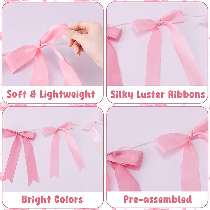 Haooryx Pre-Strung Pink Bow Garland Banner - 3pcs Coquette Bow Pink Ribbon Hanging Banner Garland for Girls Birthday Bridal Shower Wedding Bachelorette Party Decoration Home Wall Photo Props Supply