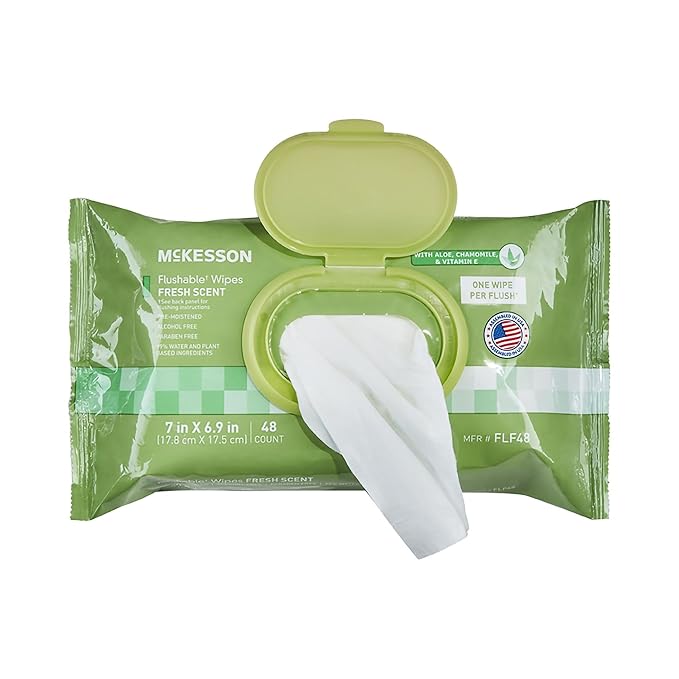 McKesson Flushable* Adult Wet Wipes – 144 Wipes (3 Pack of 48) – Aloe & Vitamin E, Plant-Based Cleansing Wipes, Scented