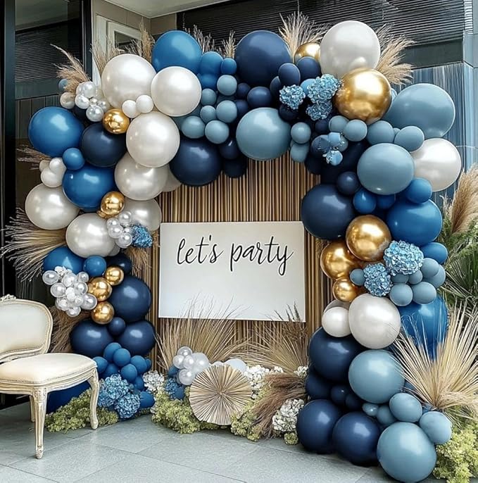 Navy Blue White Balloon Garland Double Stuffed Dusty Blue Gold Pearl White Balloons Beige Cream Balloon Arch Kit for Birthday Baby Shower Wedding Father's Day Graduation Party Decorations