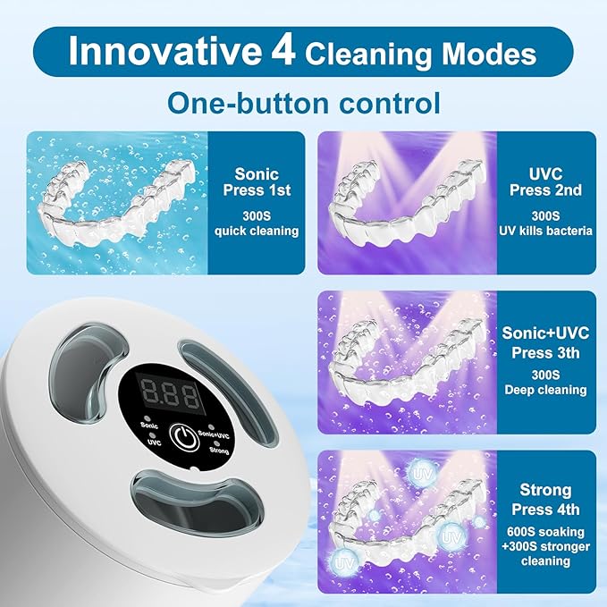 Retainer Cleaner Machine with UV,45kHz High Frequency,4 Upgraded Modes,UV Ultrasonic Retainer Cleaner,200ML Dental Cleaning Pod,for Retainers,Night Guards,Aligner,Braces etc.,Iceberg White