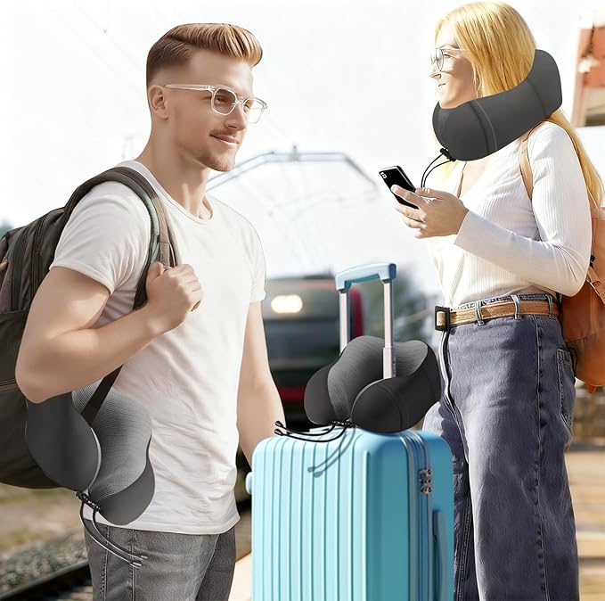 Neck Pillow for Traveling,Premium Memory Foam Travel Neck Pillow for Airplane,Soft Smooth & Breathable Cover,Adjustable Headrest Sleep Flight Pillow for Plane,Car,Office and Home,Black