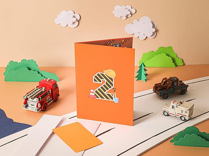 Liif Crane Truck Happy 2nd Birthday Card,3D Greeting Pop Up Card For Age 2,Two Years Old,For Kids, Boy, Nephew, Grandson, Toddler,With Message Note & Envelop,Size 7x5 Inch