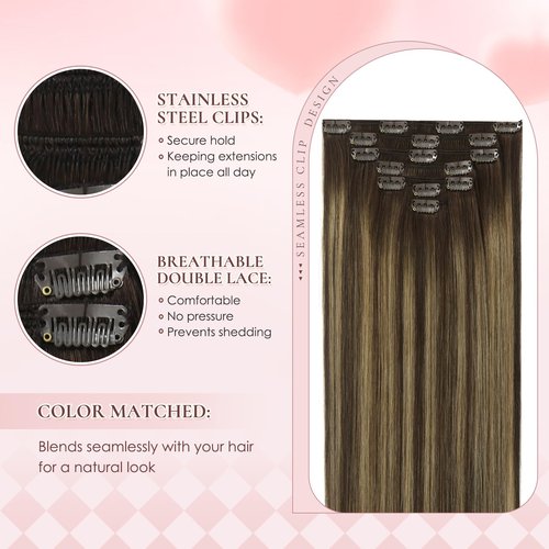 Hyssiet 18 Inch Invisible Clip in Real Human Hair Extensions,Balayage Chocolate Brown to Caramel Blonde,85 Gram 7 Pieces With 16 Clips,Remy Thick Straight Hair, No Slip, No Shedding