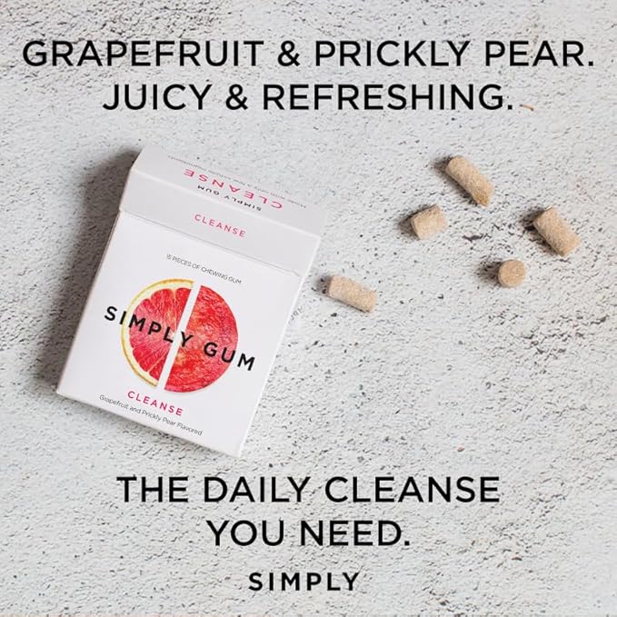 SIMPLY Gum Cleanse (Grapefruit and Prickly Pear), Plastic-Free Natural Chewing Gum, 6 Pack (90 Pieces) | Vegan, Kosher, Non GMO, Aspartame Free and Sorbitol Free