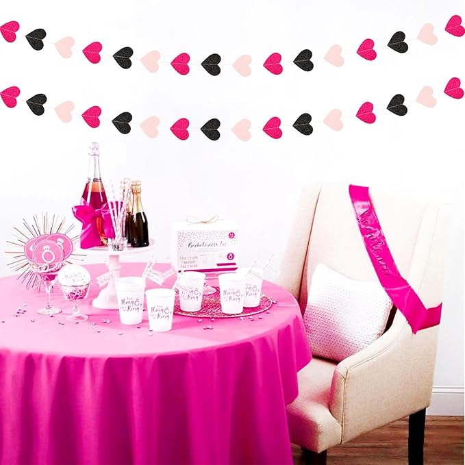 Hot-Pink Black Birthday Party-Decorations Streamers - 62FT Baby Girls Hanging Heart Garland Banner,Valentines Wedding Baby Bridal Shower Bachelorette Graduation Backdrop Decor Hugtmr